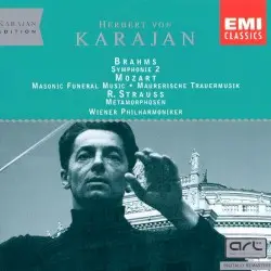 Brahms: Symphonie 2 / Mozart: Masonic Funeral Music / R. Strauss: Metamorphosen by Johannes Brahms, Wolfgang Amadeus Mozart, Richard Strauss; Wiener Philharmoniker, Herbert von Karajan